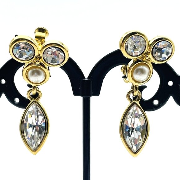 NAPIER Signed Earrings Gold Tone Rhinestone Drop Clear Crystal Dangles Elegant - Picture 1 of 11
